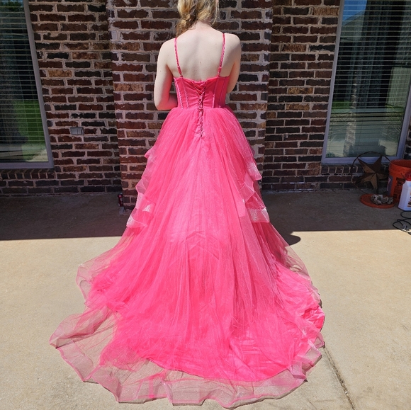 Pink Ruffled Tiered Prom Gown - Picture 3 of 5